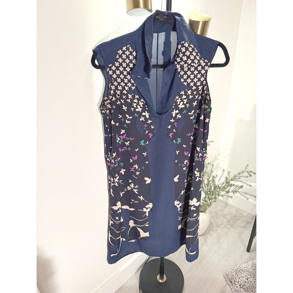 yves st. laurent dress knee length bird floral blue 100% silk designer daywear s